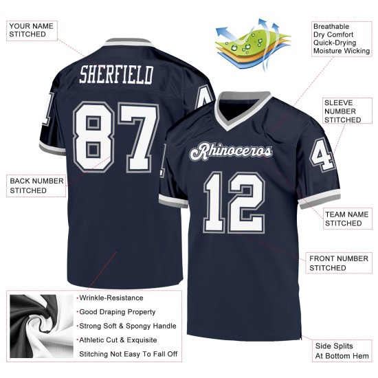 Custom Throwback Football Authentic Mesh Jersey Navy White-Gray