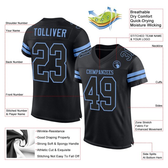 Custom Jersey Black-Light Mesh Authentic Black Football Blue Custom Jersey Black-Light Mesh Authentic Black Football Blue