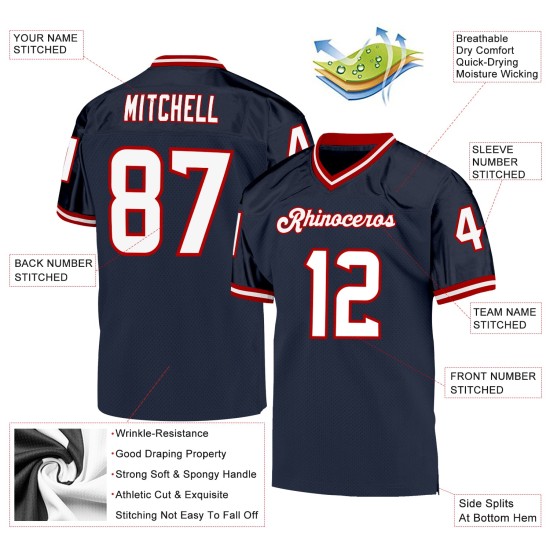 Mesh Custom Jersey Navy White-Red Throwback Football Authentic
