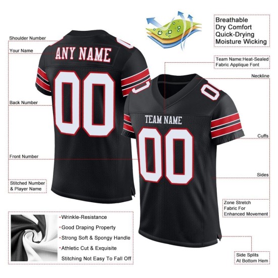 Authentic Jersey Black Custom Mesh Football White-Red