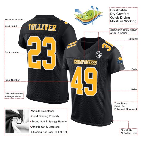 Jersey Mesh Gold-White Authentic Black Football Custom Jersey Mesh Gold-White Authentic Black Football Custom