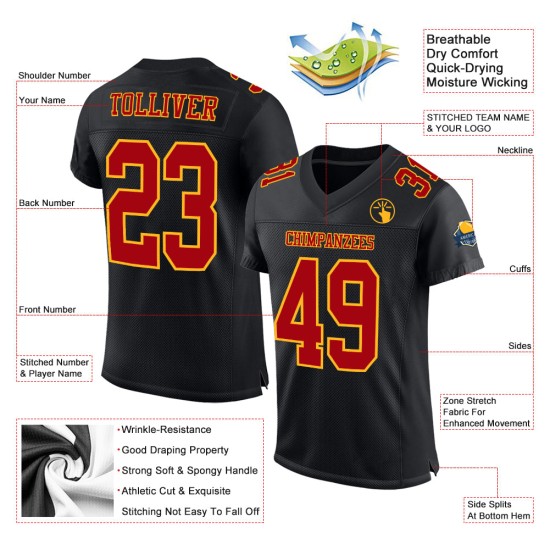 Custom Authentic Mesh Red-Gold Black Football Jersey