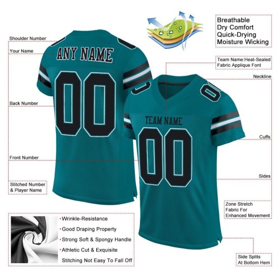 Authentic Custom Teal Jersey Football Black-White Mesh