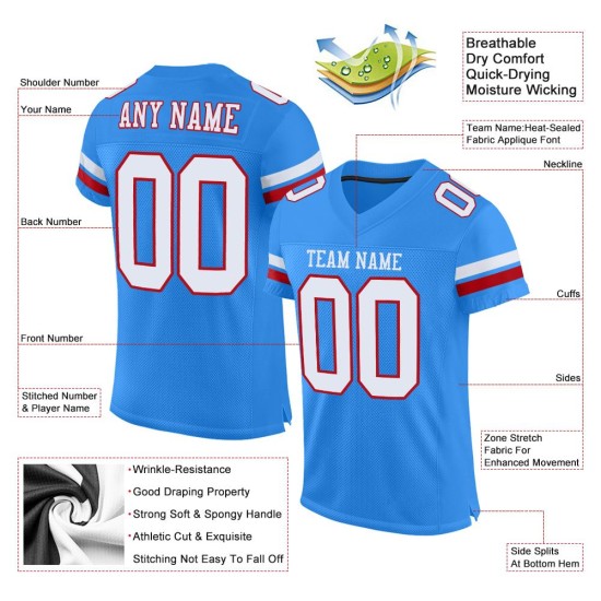 Football White-Red Authentic Custom Blue Mesh Powder Jersey