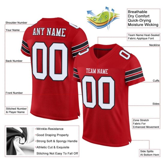 Mesh Authentic Football Custom White-Black Red Jersey