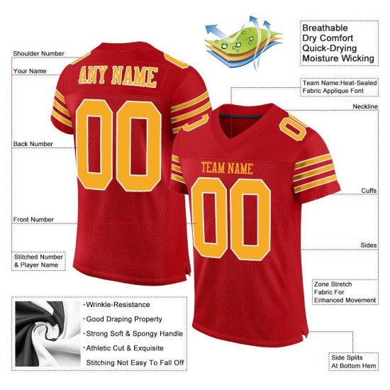 Mesh Jersey Football Authentic Red Custom Gold-White
