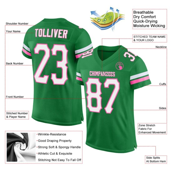 Custom White-Pink Mesh Football Grass Jersey Green Authentic