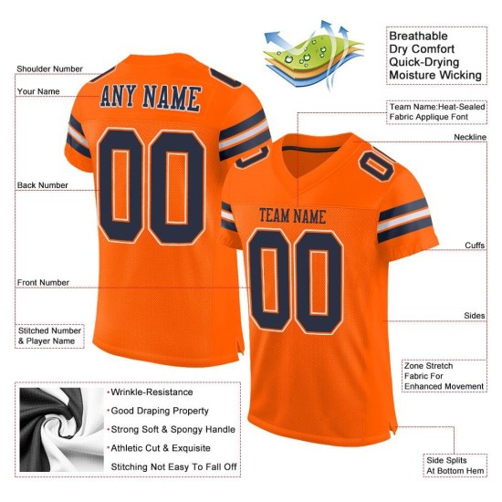 Navy-White Mesh Football Jersey Authentic Orange Custom