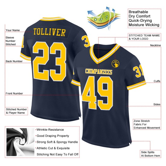 Football Throwback Jersey Mesh Custom Navy Authentic Gold-White Football Throwback Jersey Mesh Custom Navy Authentic Gold-White