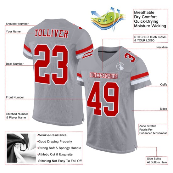 Football Red-White Gray Jersey Authentic Mesh Custom Football Red-White Gray Jersey Authentic Mesh Custom