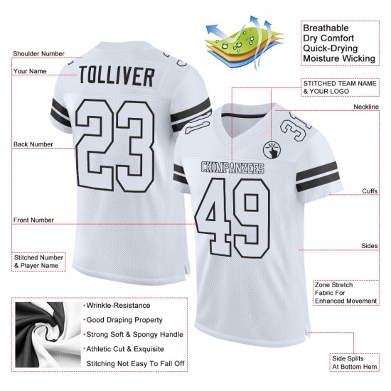 White-Black Custom Authentic White Football Jersey Mesh