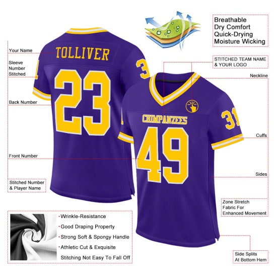 Custom Purple Jersey Mesh Football Gold-White Throwback Authentic Custom Purple Jersey Mesh Football Gold-White Throwback Authentic