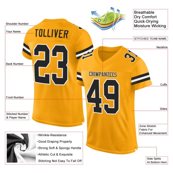Authentic Mesh Custom Gold Black-White Jersey Football Authentic Mesh Custom Gold Black-White Jersey Football